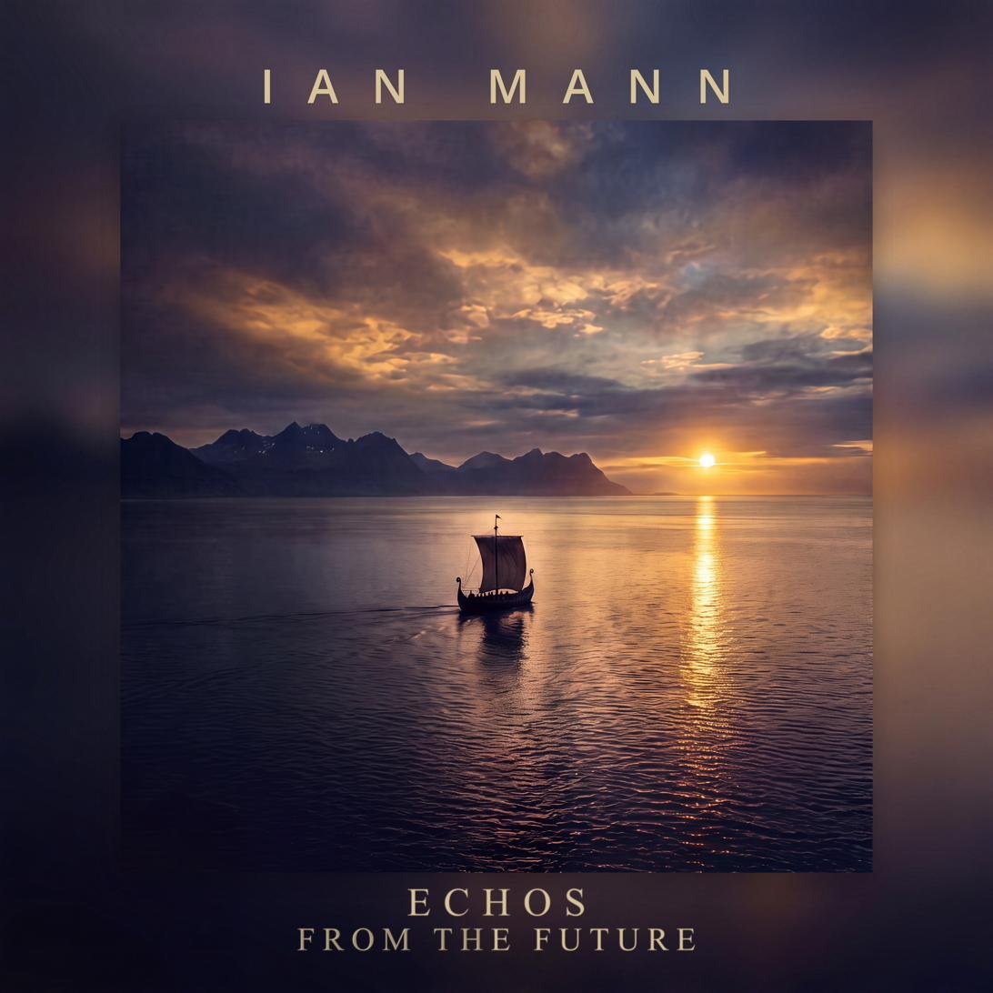 Echos from the Future album cover — a Viking longship sailing towards a golden sunset