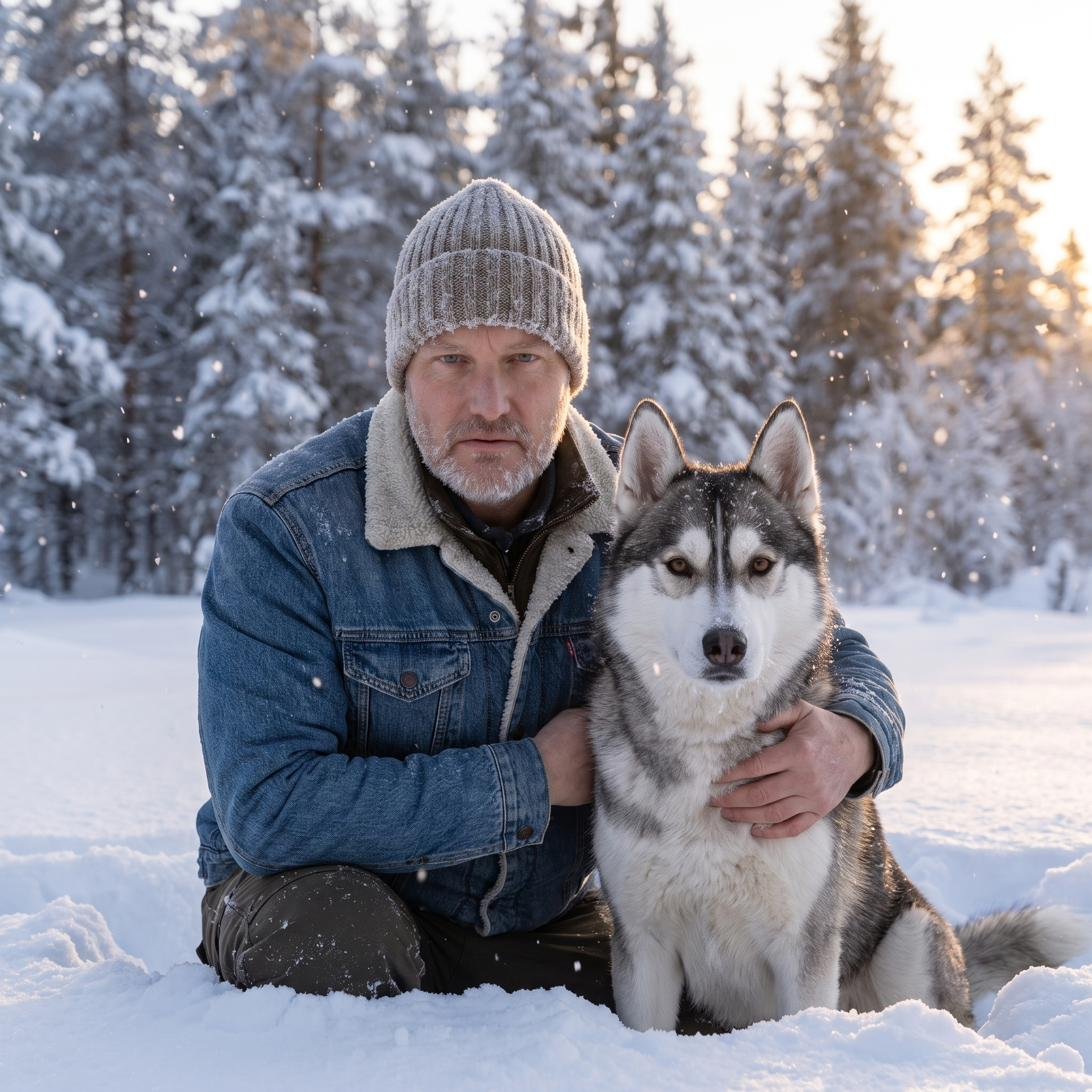 Ian Mann kneeling in the snow with his husky