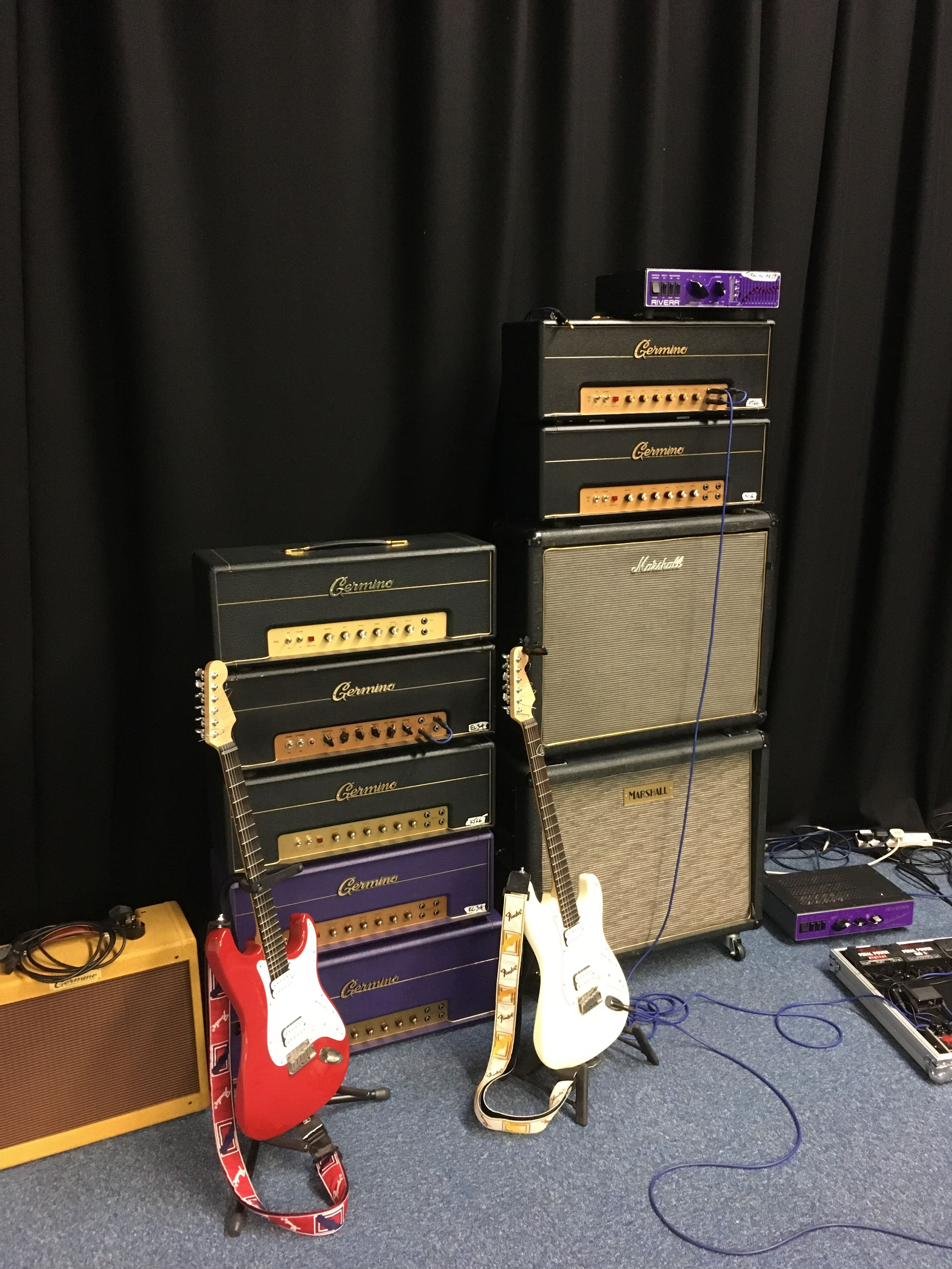 Ian Mann's backline: stacked Germino amplifier heads, Marshall cabinets and two Fender Stratocasters